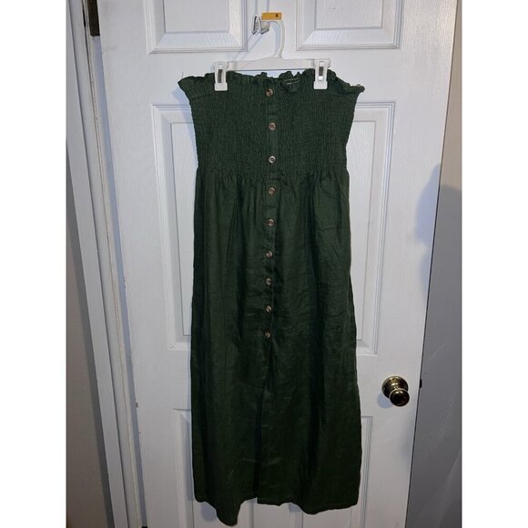 FAITHFULL THE BRAND Green Linen Smocked Sleeveless Midi Dress Button Down Sz 10 - Picture 3 of 16
